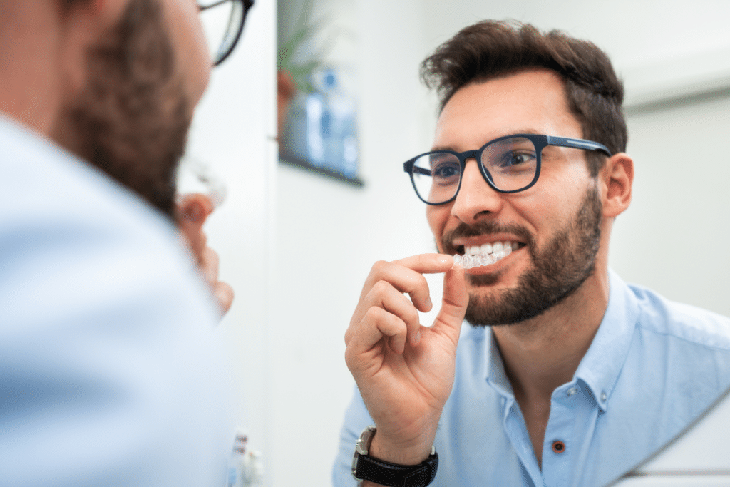 Adult patient trying clear aligners during an orthodontic visit in Glen Allen VA
